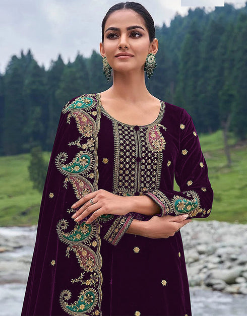 Designer Party Wear Velvet Salwar Suit Collection Purple Velvet Pant Straight Close-up View